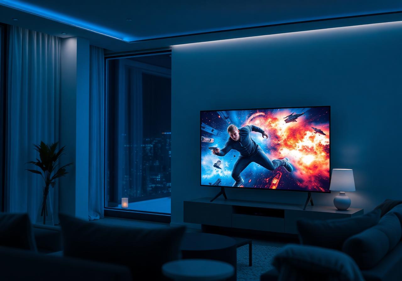 Salon moderne avec smart TV diffusant un film en 4K